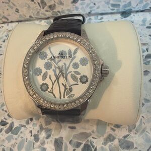 Anne Klein Floral Dial Watch Crystal Bezel Black Leather Strap